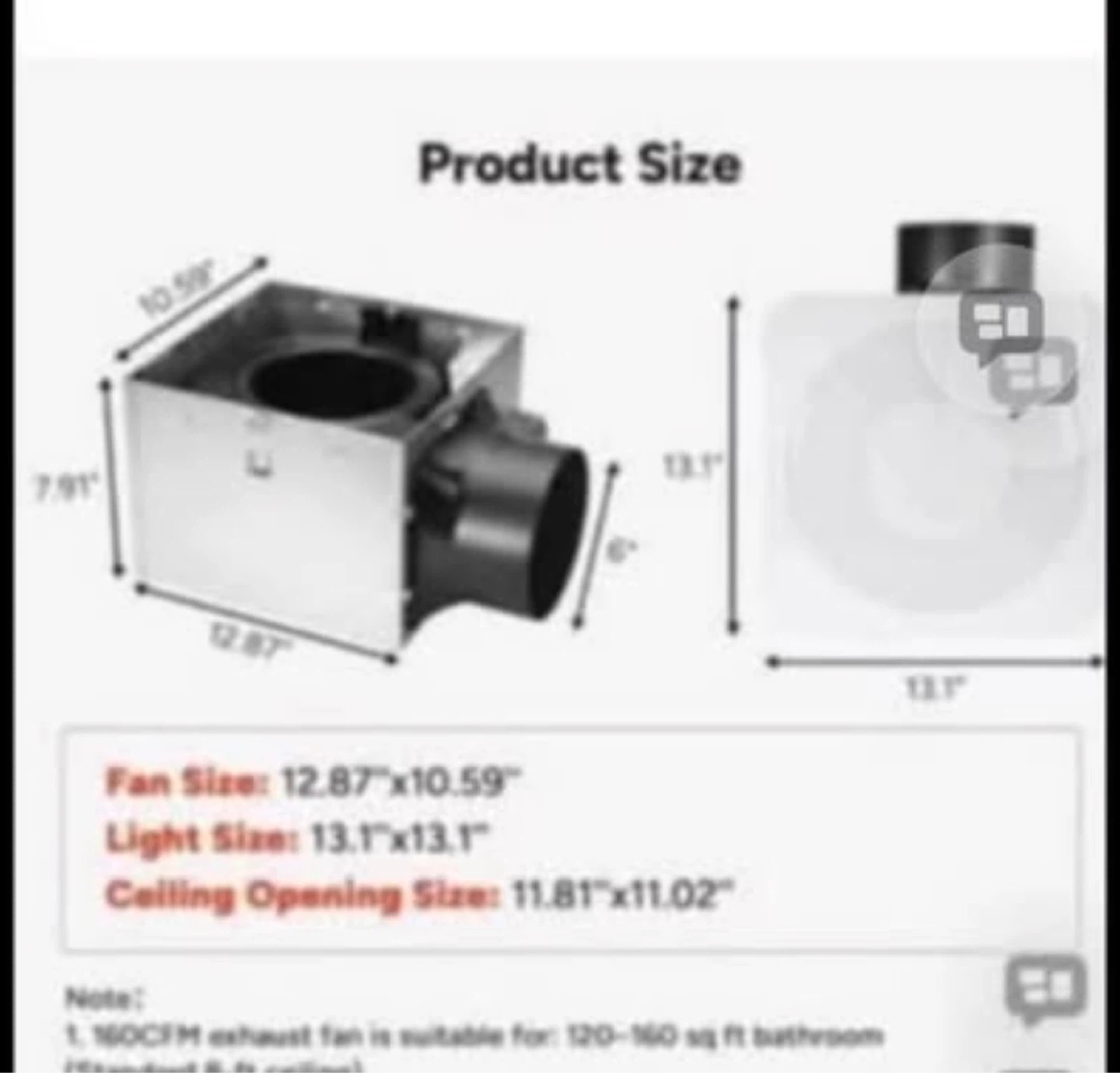 160CFM Bath Fan with Humidity Sensor, Night Light - photo 3