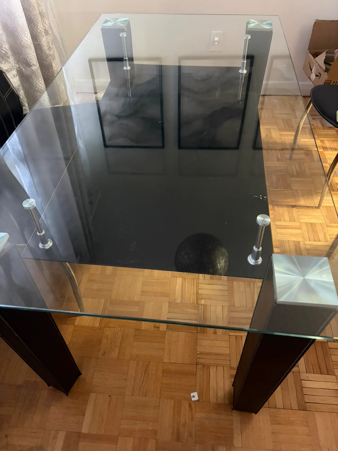 Glass Dining Table with Dark Faux Leather Legs - photo 2
