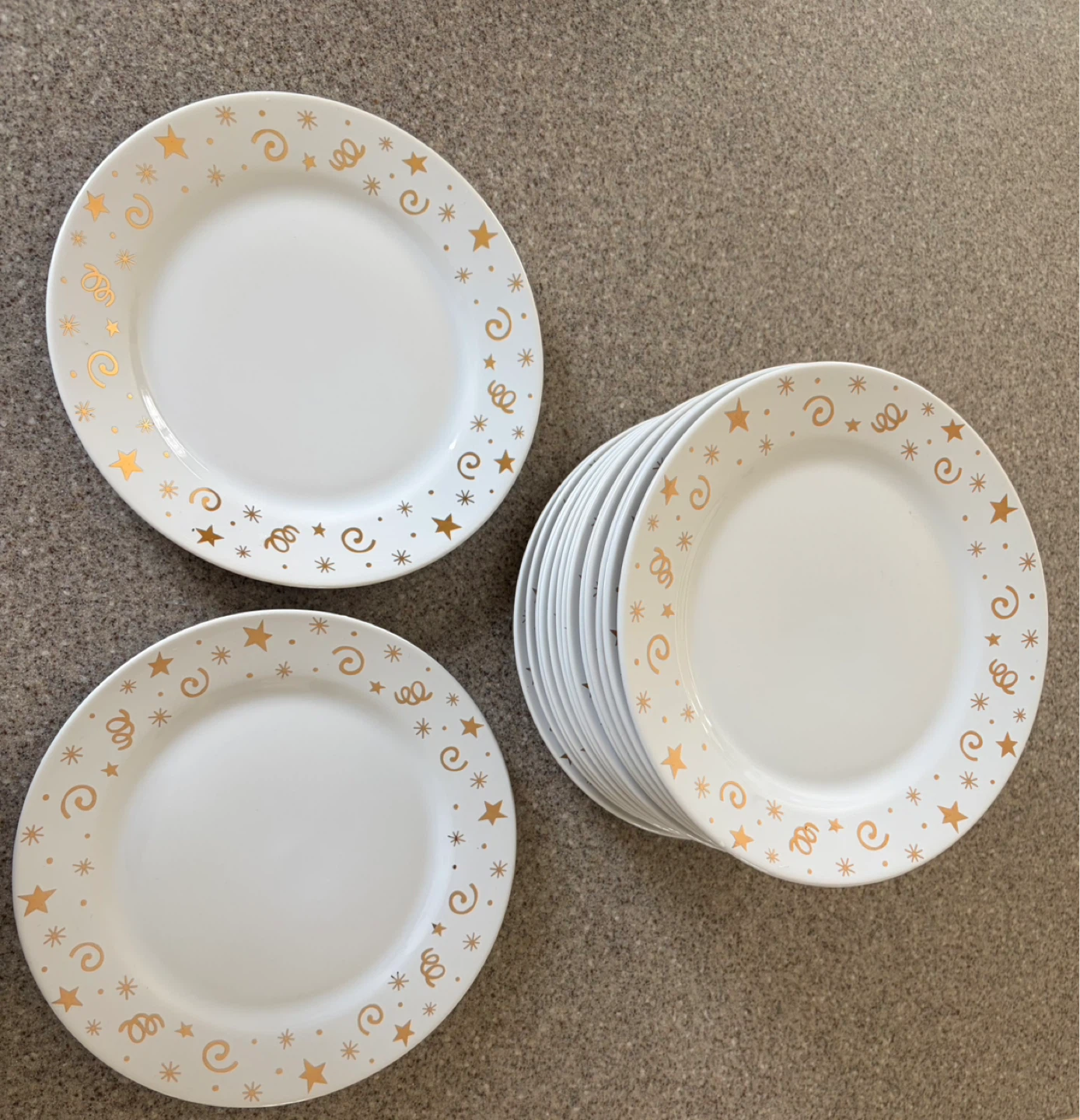 Set of 15 White Plates with Gold Stars and Swirls