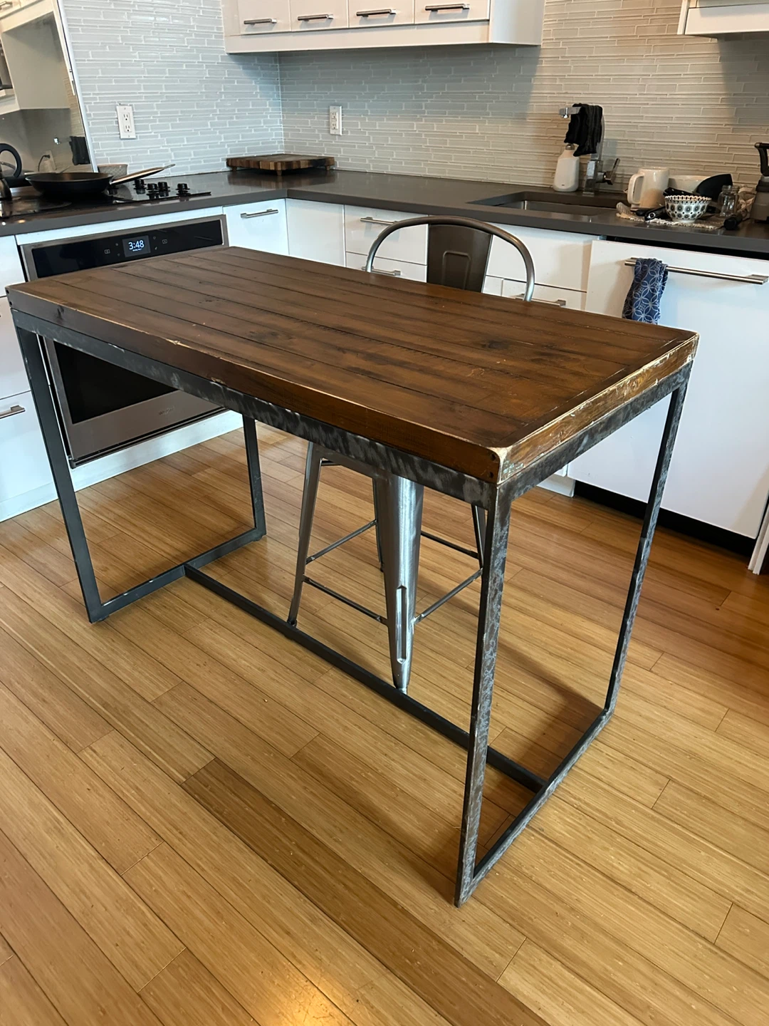 VINTAGE INDUSTRIAL STEEL PINE WOOD KITCHEN COUNTER ISLAND