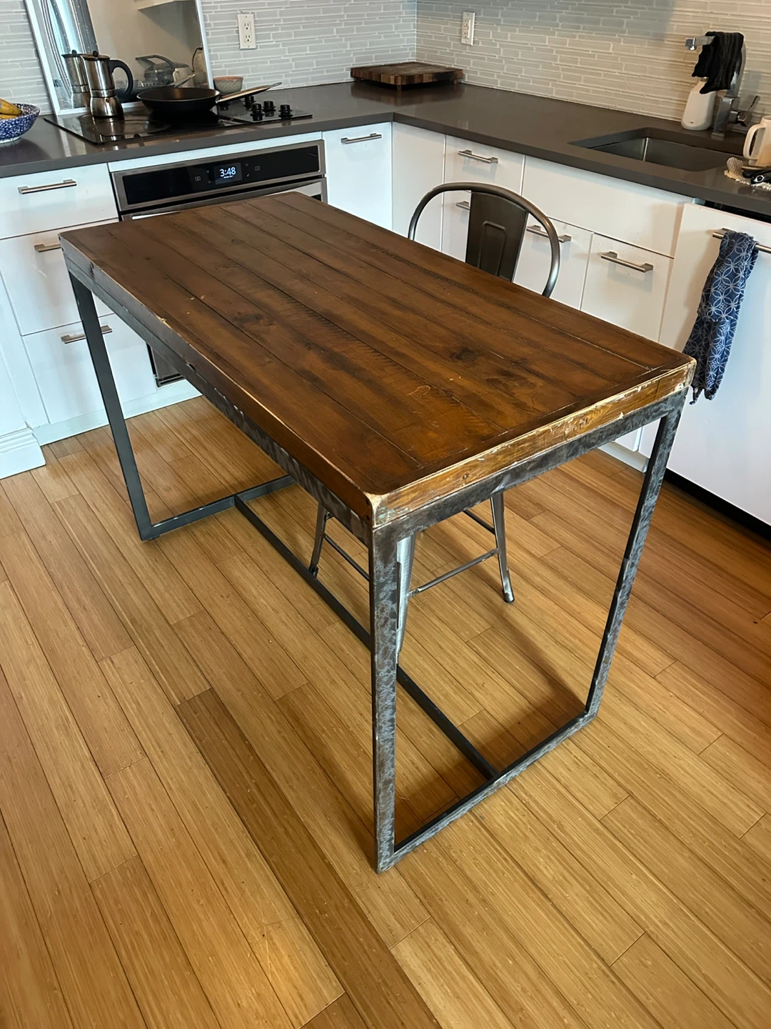 VINTAGE INDUSTRIAL STEEL PINE WOOD KITCHEN COUNTER ISLAND - photo 3