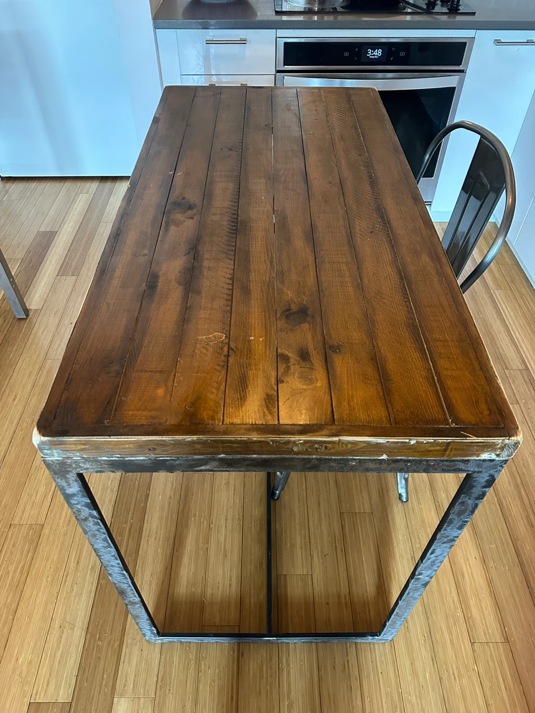 VINTAGE INDUSTRIAL STEEL PINE WOOD KITCHEN COUNTER ISLAND - photo 2