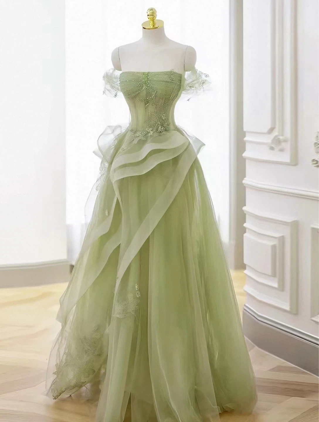 Light Green Off-the-Shoulder Tulle Gown