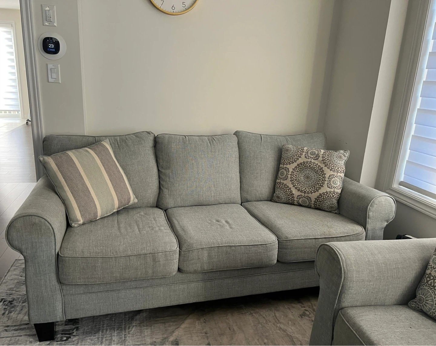 Grey Fabric Sofa with Accent Pillows