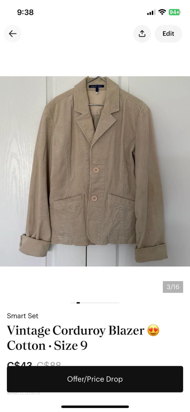 Vintage Corduroy Blazer - Size 9