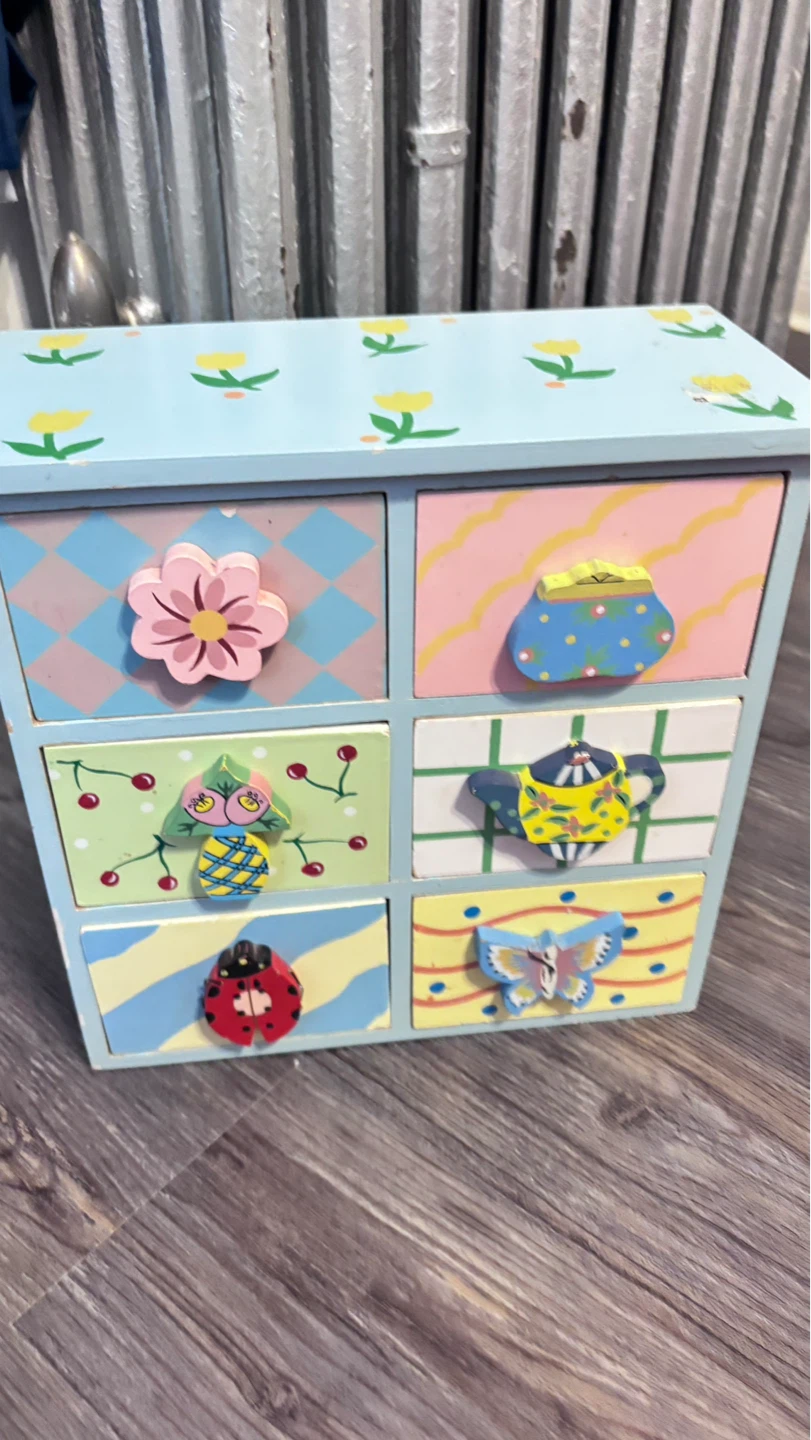 Light Blue Floral Wooden Jewelry Box with Decorated Drawers