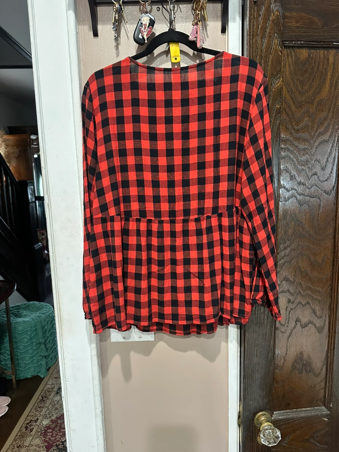 Old Navy Buffalo Plaid Tunic Top XL Red Black Long Sleeve - photo 5