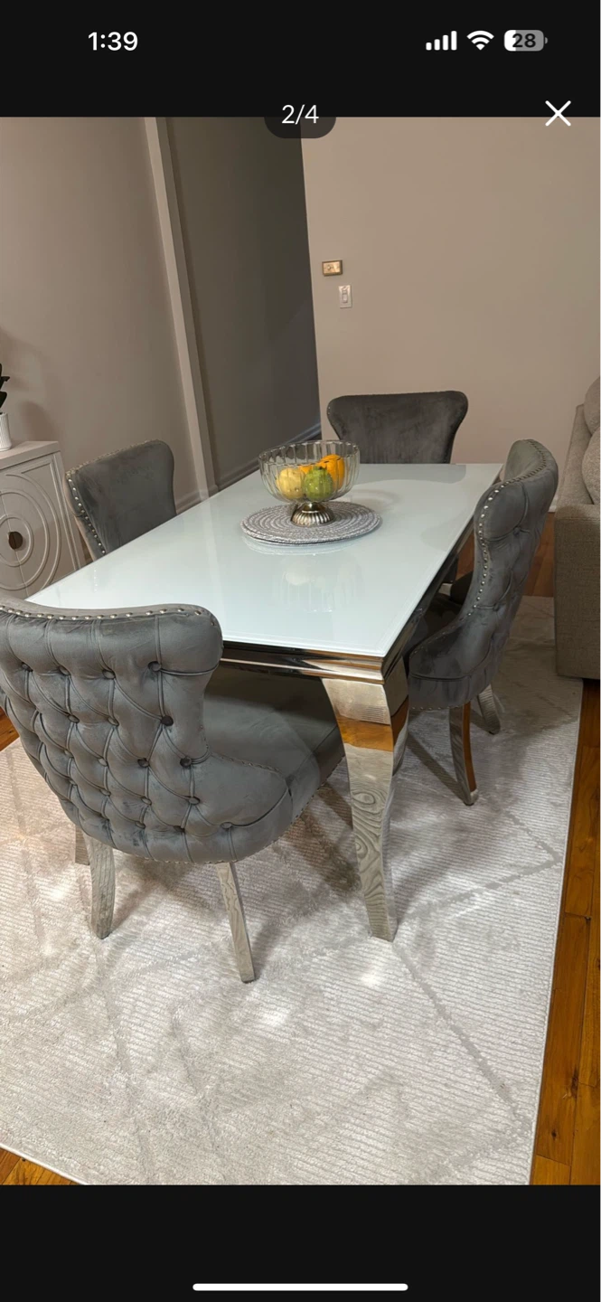 White Rectangular Dining Table with 4 Grey Velvet Chairs
