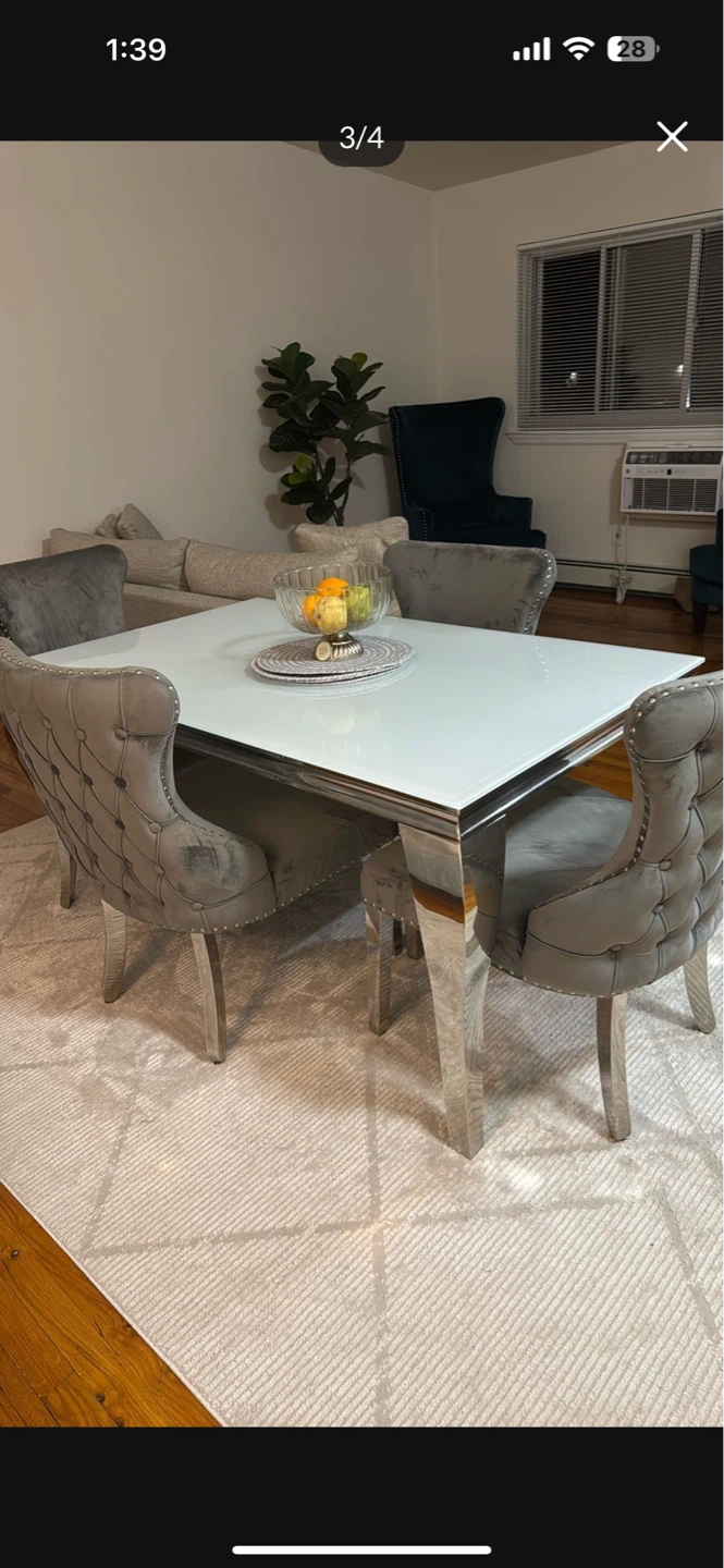White Rectangular Dining Table with 4 Grey Velvet Chairs - photo 3