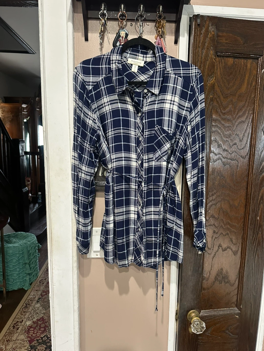 Motherhood Navy and White Plaid Button-Down Shirt XL