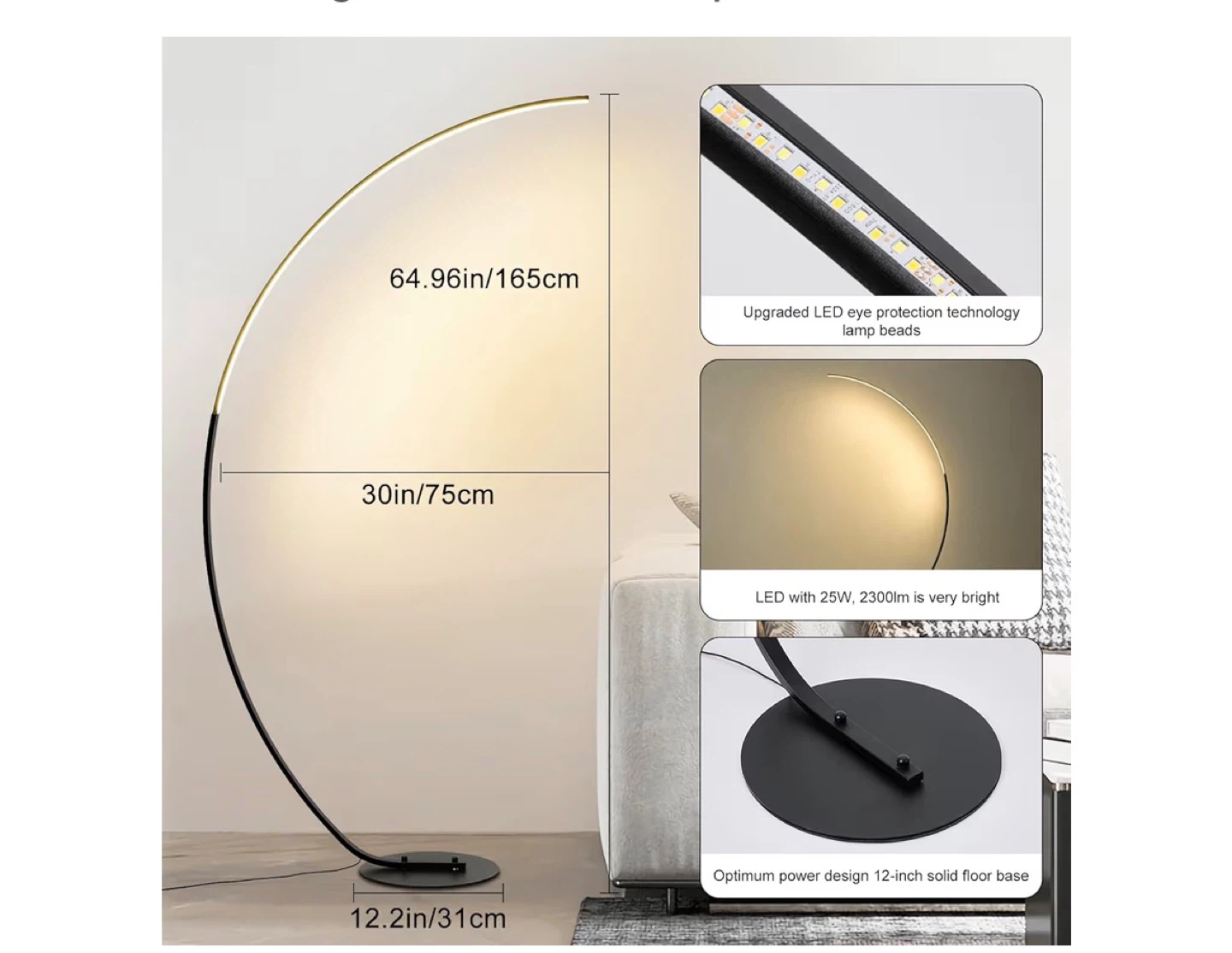 Arc Floor Lamp - Black, 165cm Tall, Stepless Dimmable - photo 3
