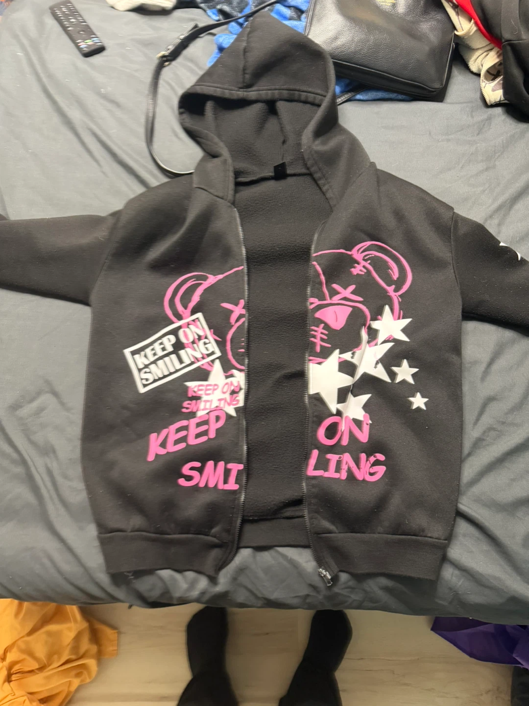 Black Graphic Zip-Up Hoodie with Bear and "Keep On Smiling"