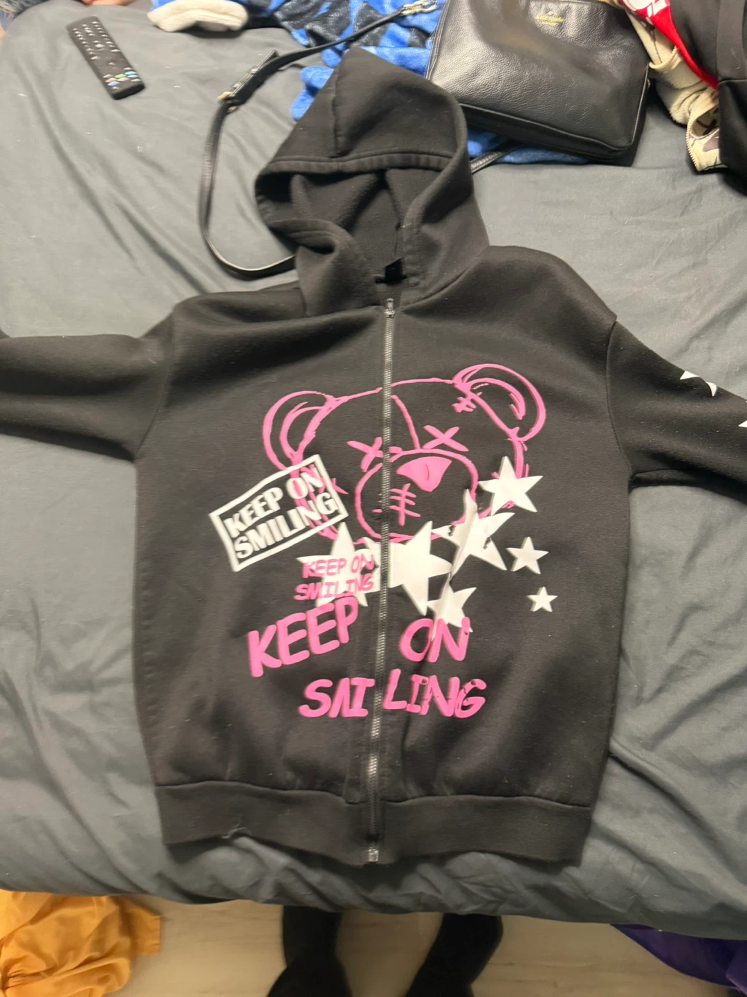 Black Graphic Zip-Up Hoodie with Bear and "Keep On Smiling" - photo 2