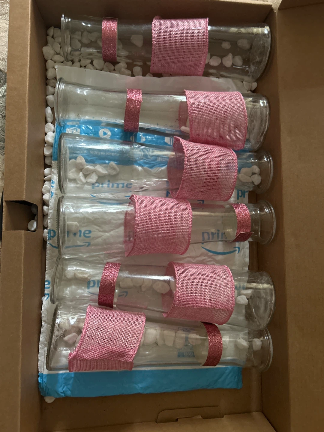Set of 6 Glass Vases with Pink Ribbon