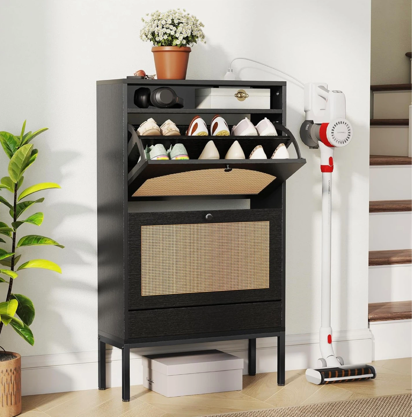Modern Rattan Style Shoe Cabinet