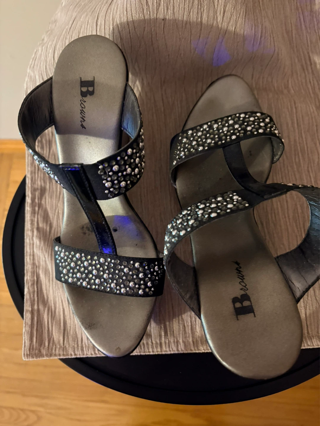 Browns Black Wedge Sandals with Rhinestones Size 38