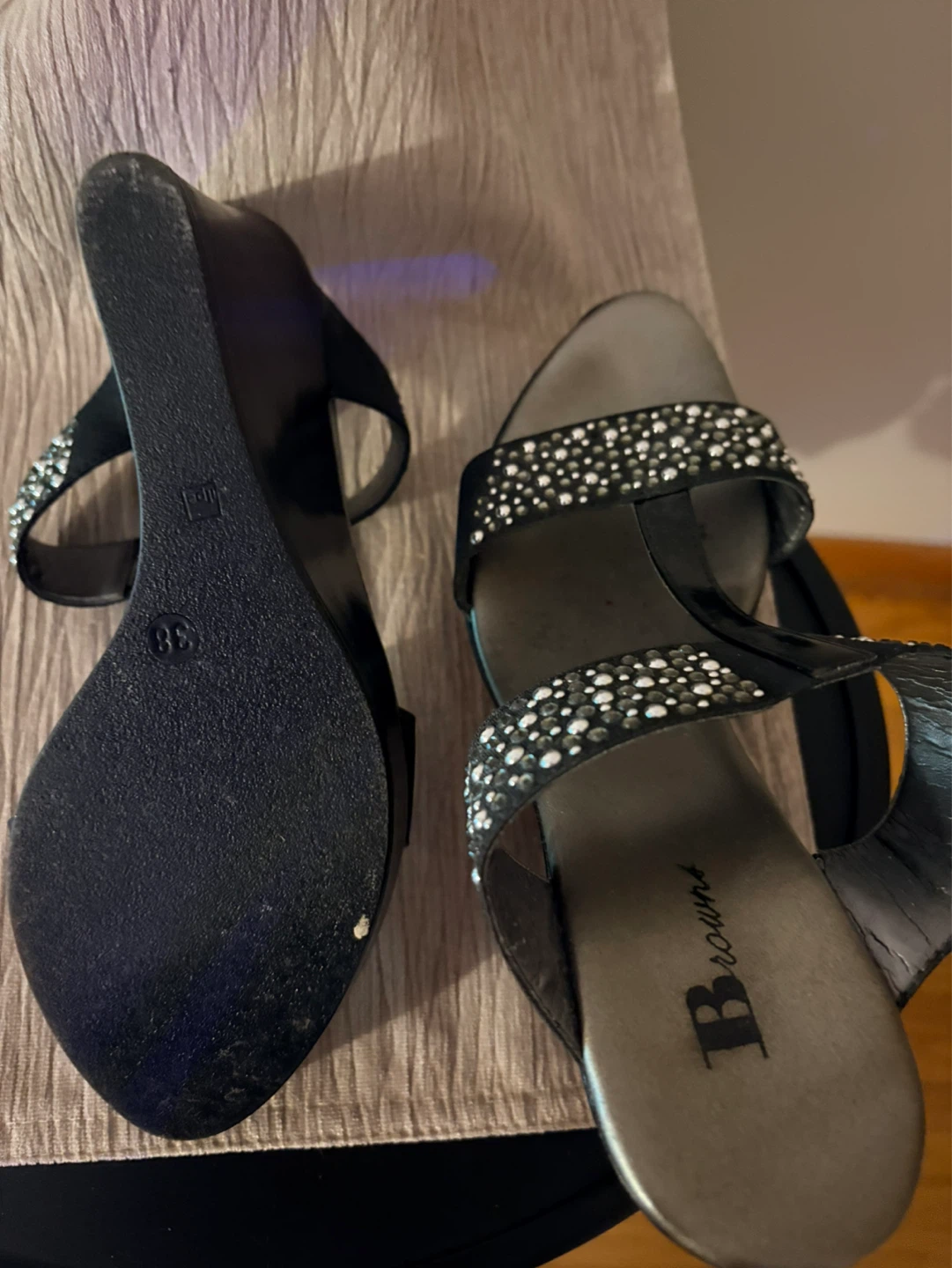 Browns Black Wedge Sandals with Rhinestones Size 38 - photo 3