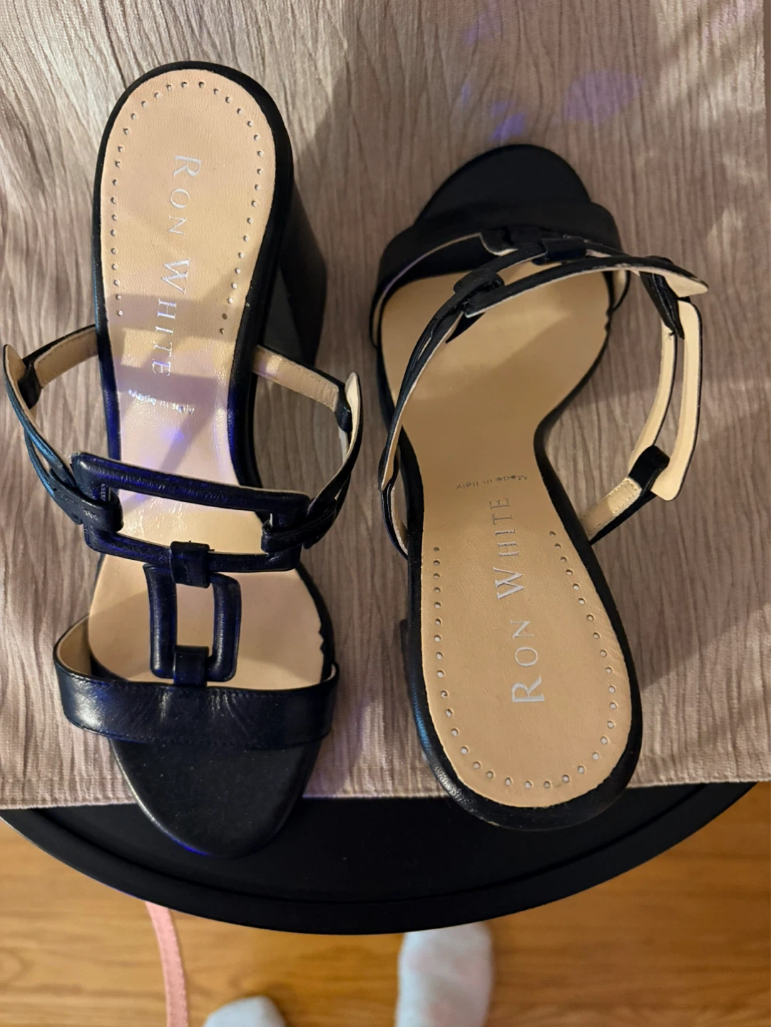 Ron White Black Leather Strappy Block Heel Sandals