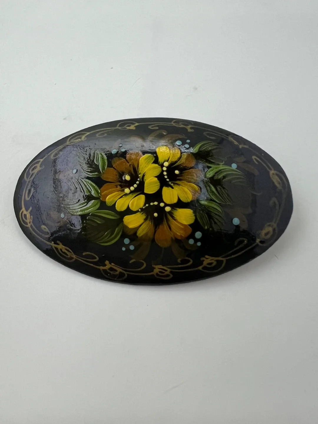 Vintage Russian Hand Painted Black Lacquer Wooden Floral Brooch