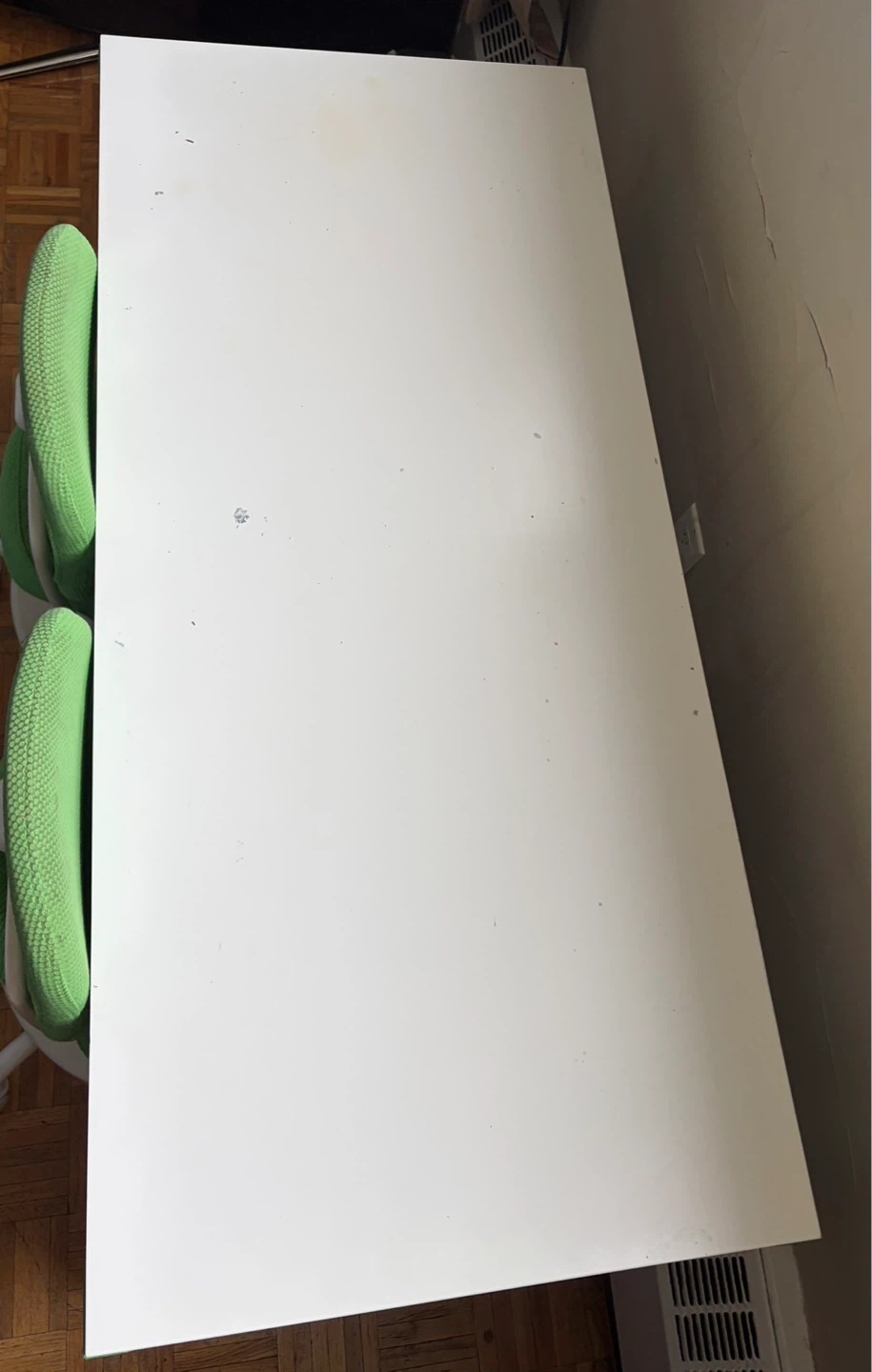 White desk with green trim and two green chairs - photo 2