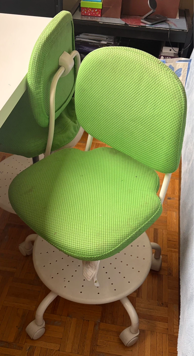 White desk with green trim and two green chairs - photo 5