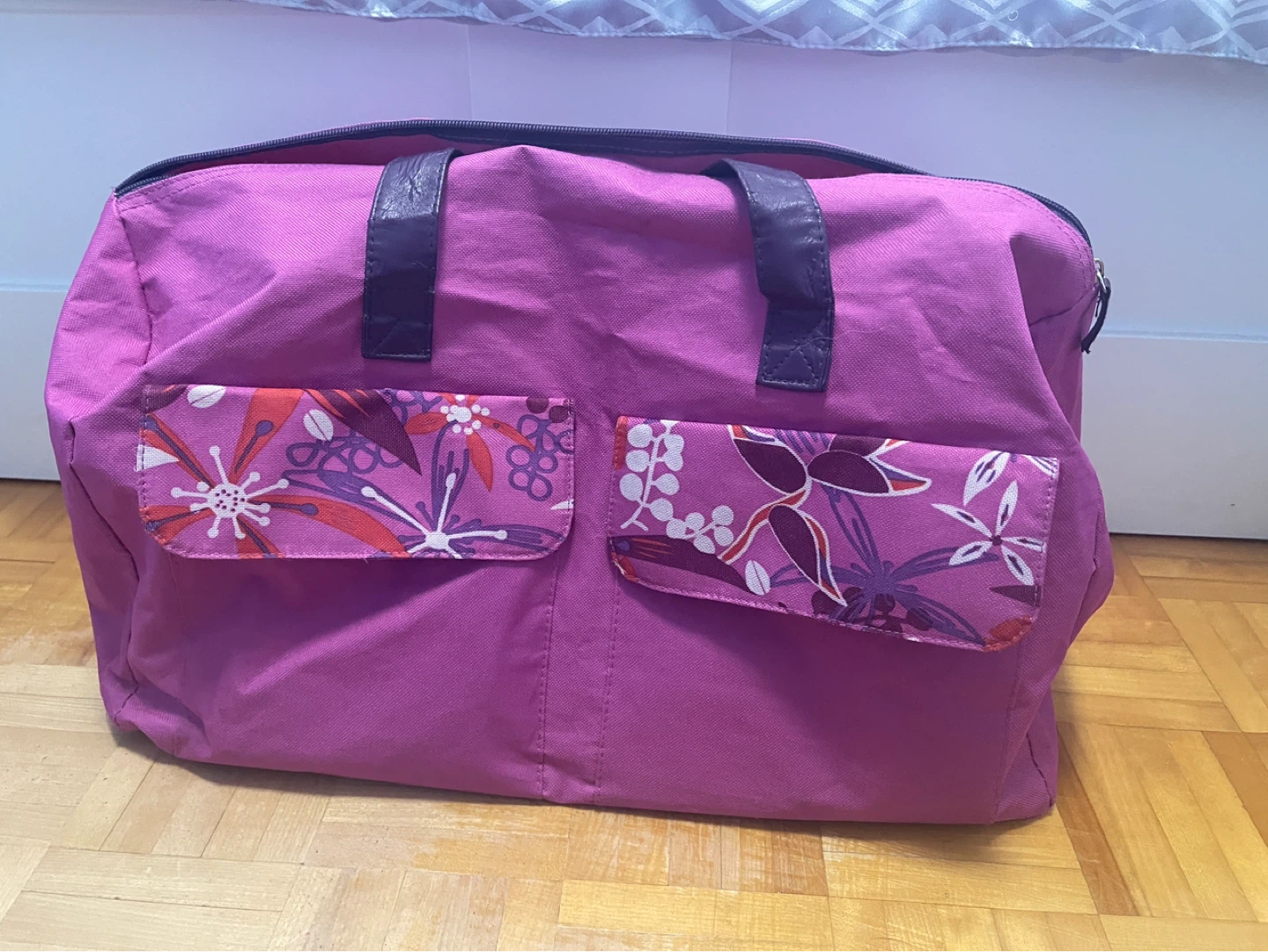 Pink Canvas Duffel Bag with Floral Pockets