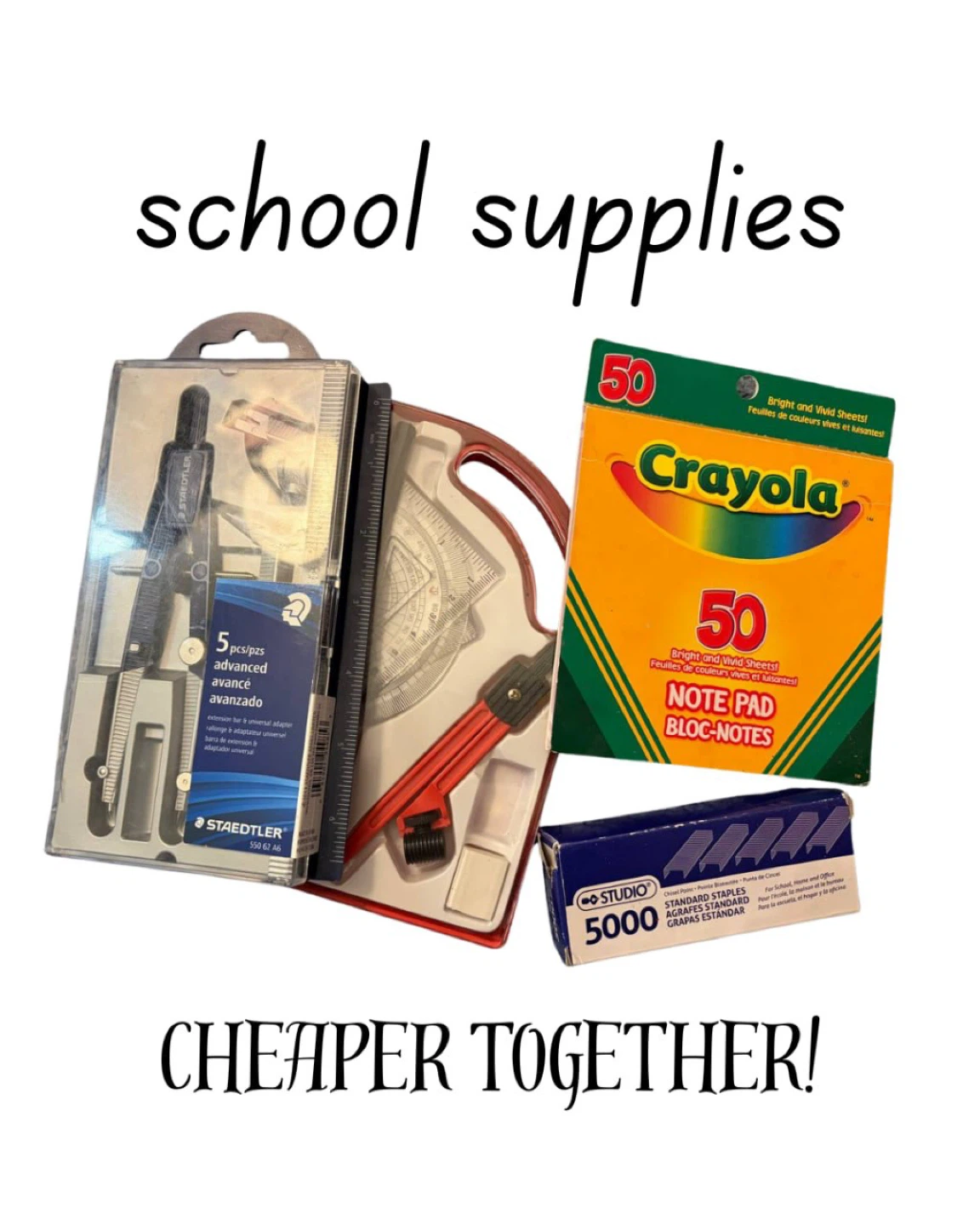 School Supplies Bundle: Geometry Set, Crayola Note Pads, Staples