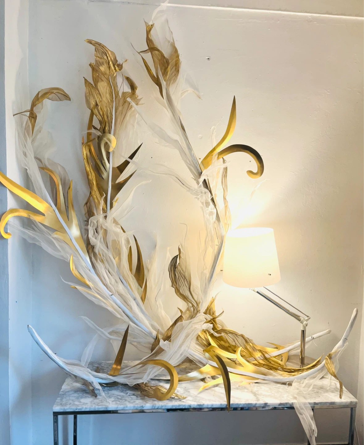 Large White and Gold Feather-like Wall Art/Sculpture