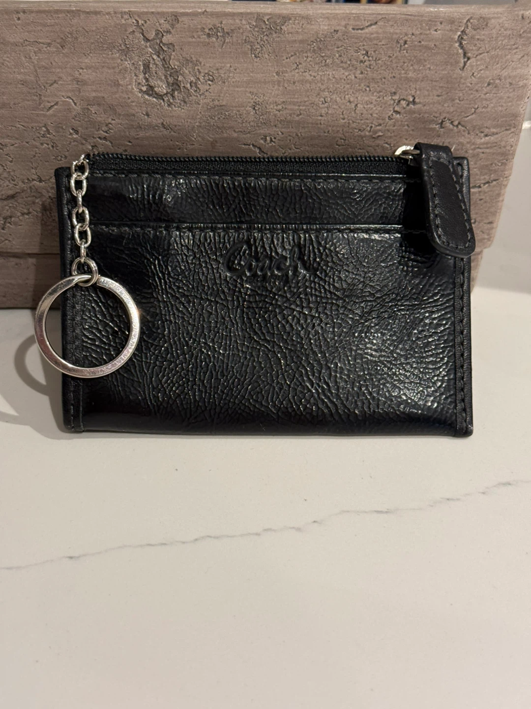 Coach Black Leather Coin Pouch with Key Ring