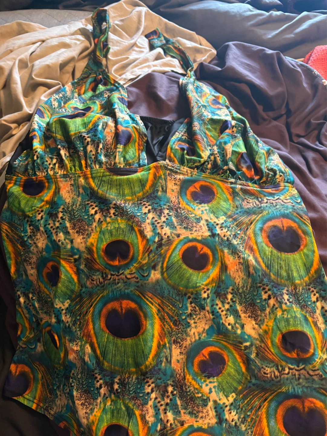 Women's Peacock Print Halter Swimsuit Top