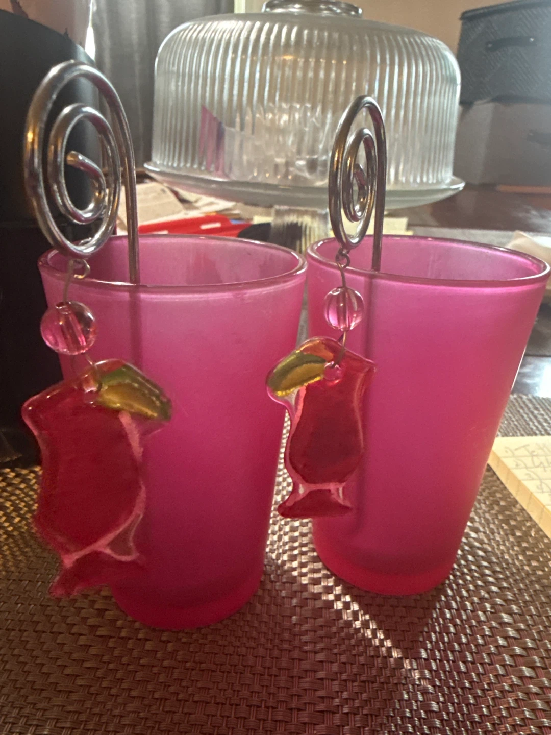 Pink Frosted Glass Card Holders with Apple Charms - Set of 2