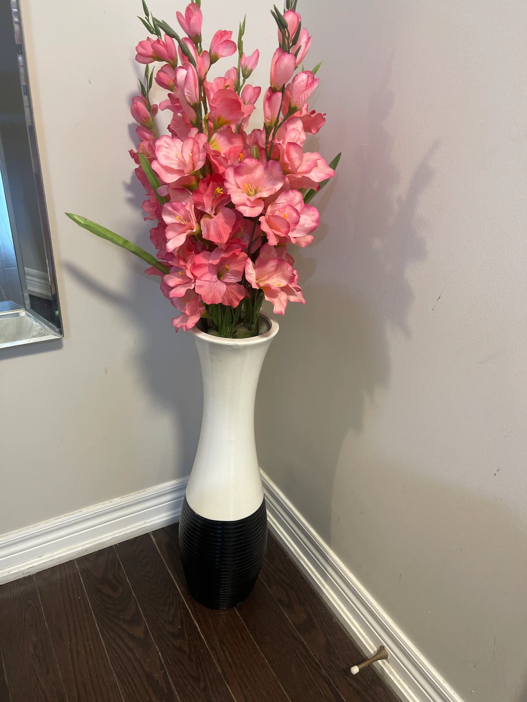 Artificial Pink Gladiolus Floral Arrangement in Two-Tone Vase