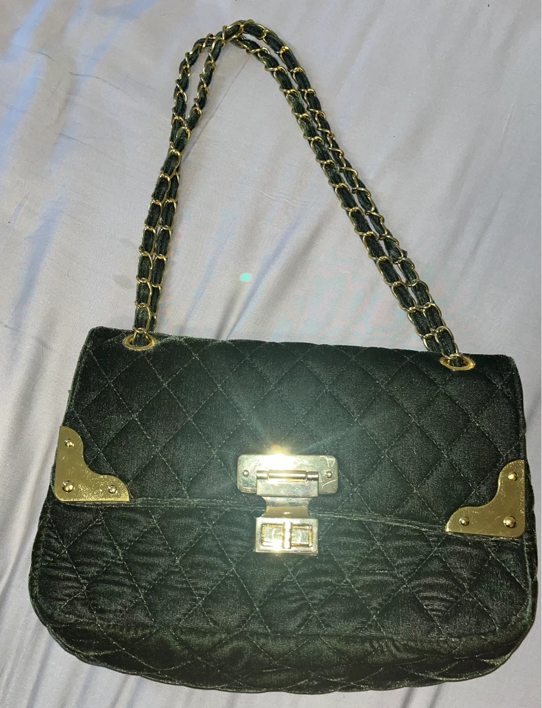 Quilted Velvet Shoulder Bag with Gold Chain - photo 2
