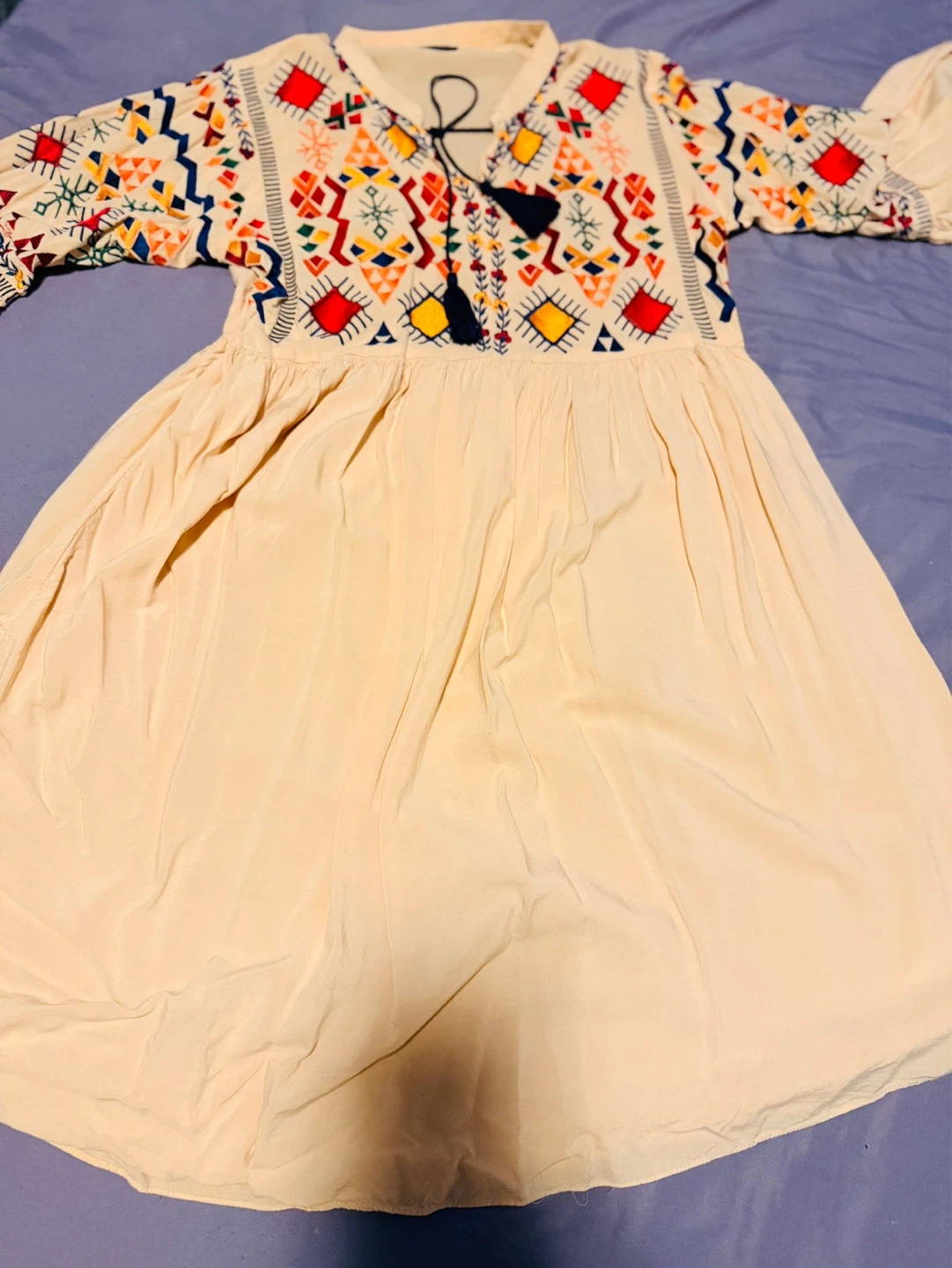 Cream Embroidered Dress with Tassels - Size M