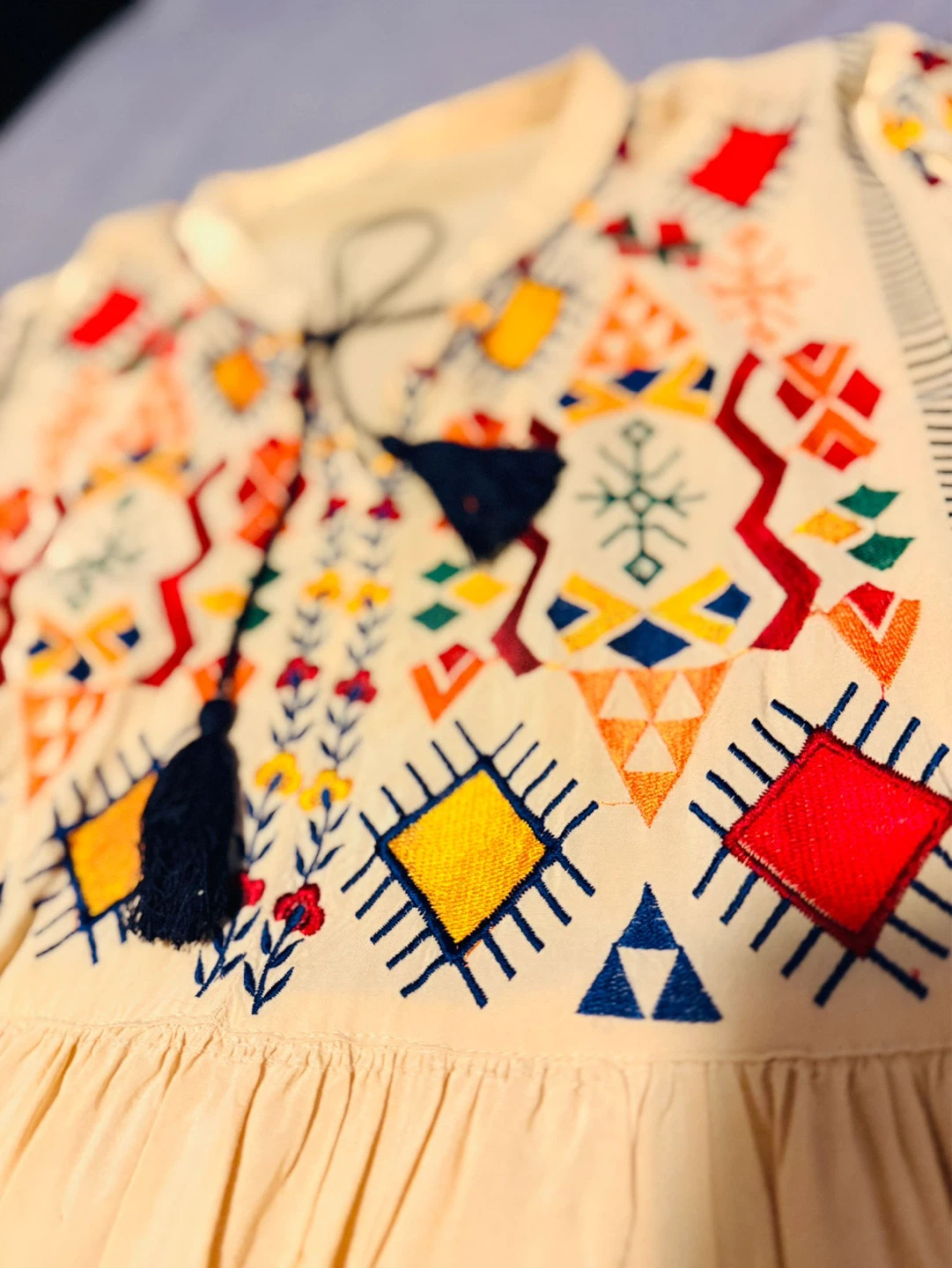 Cream Embroidered Dress with Tassels - Size M - photo 5