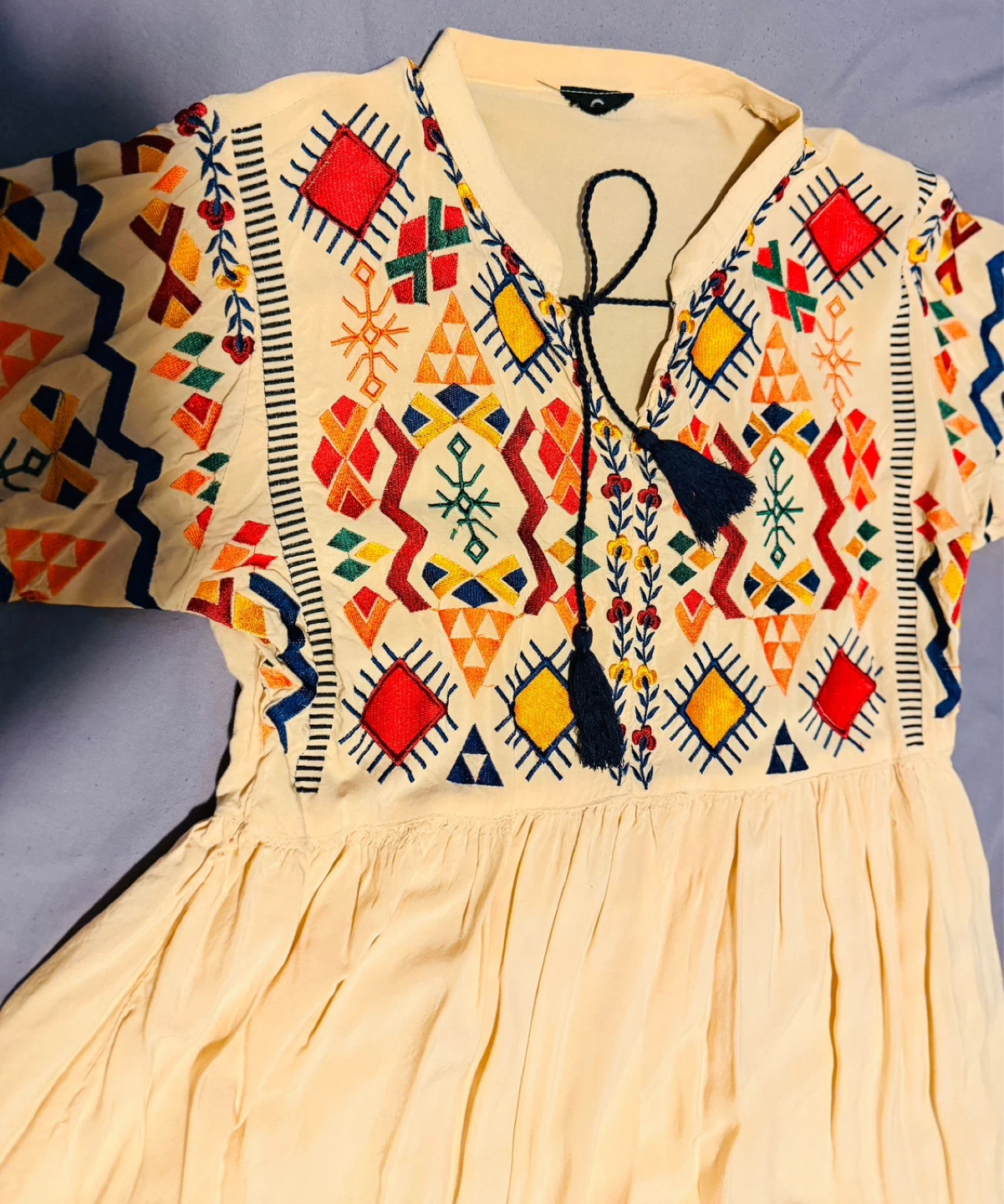 Cream Embroidered Dress with Tassels - Size M - photo 3