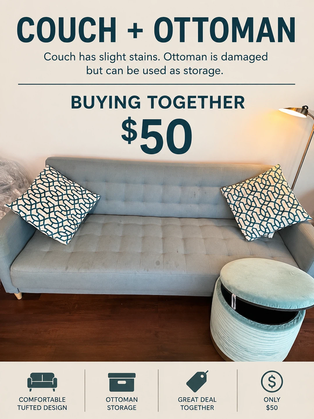 Light Blue Sofa and Storage Ottoman