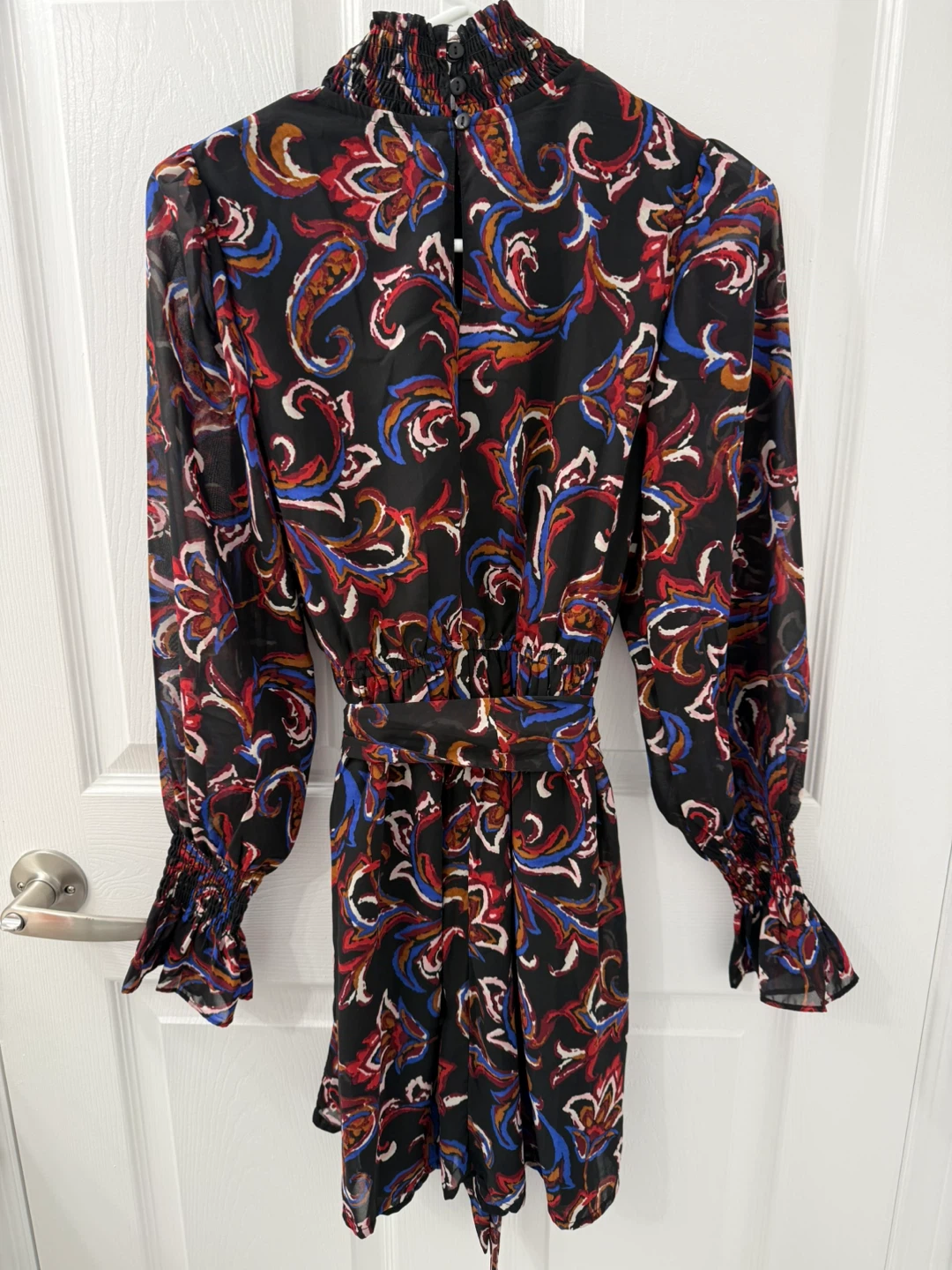 Black Paisley Print Long Sleeve Dress with Smocked Neckline - photo 2