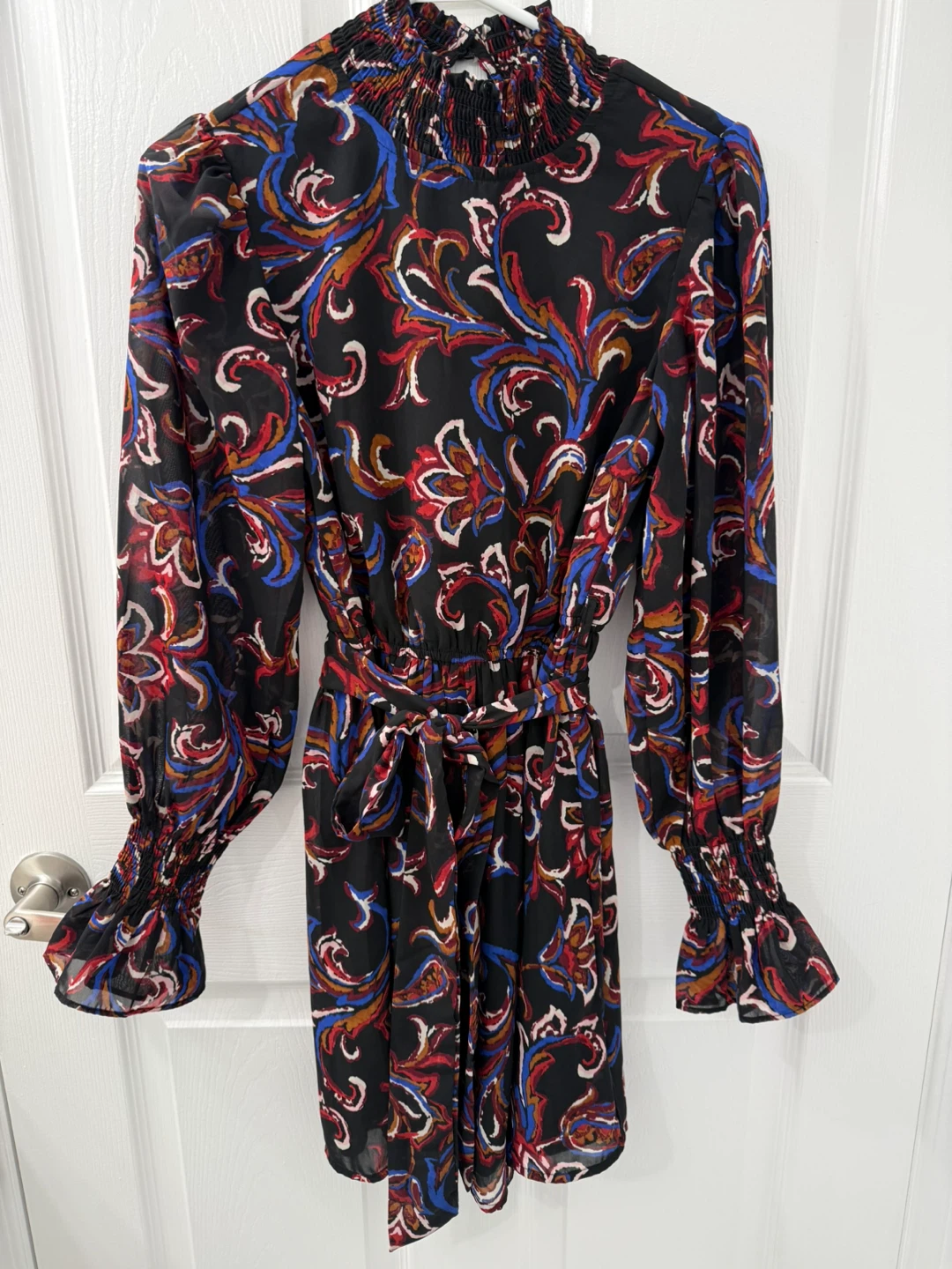 Black Paisley Print Long Sleeve Dress with Smocked Neckline