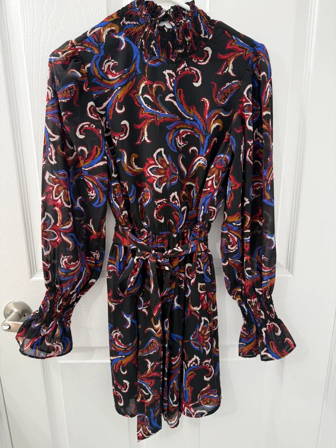 Black Paisley Print Long Sleeve Dress with Smocked Neckline