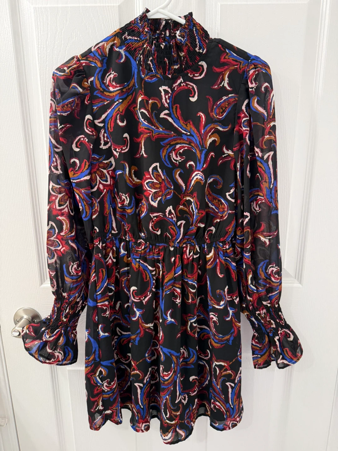 Black Paisley Print Long Sleeve Dress with Smocked Neckline - photo 3