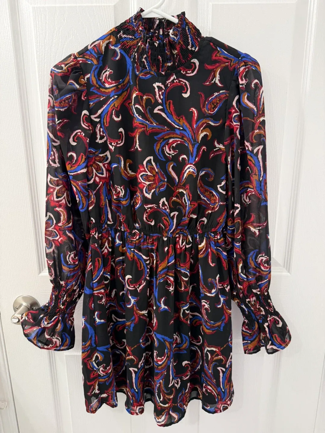 Black Paisley Print Long Sleeve Dress with Smocked Neckline - photo 3