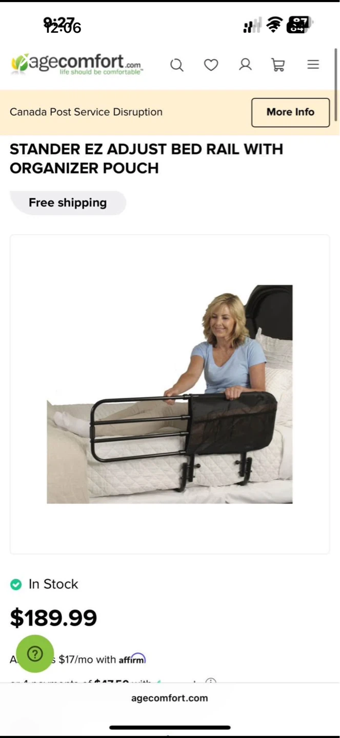 Stander EZ Adjust Bed Rail  for adult and senior