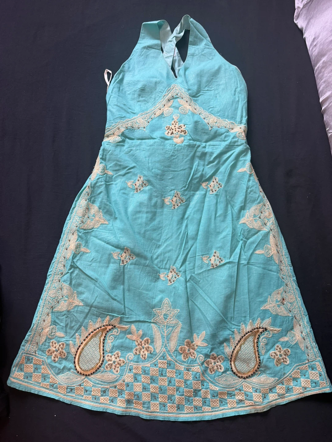 Blue Embroidered Halter Dress