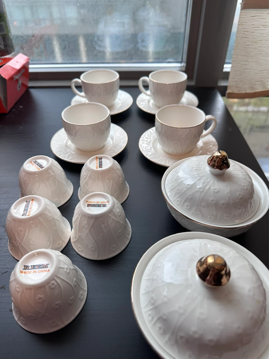 Set of 5 White Ceramic Tea Cups with Saucers