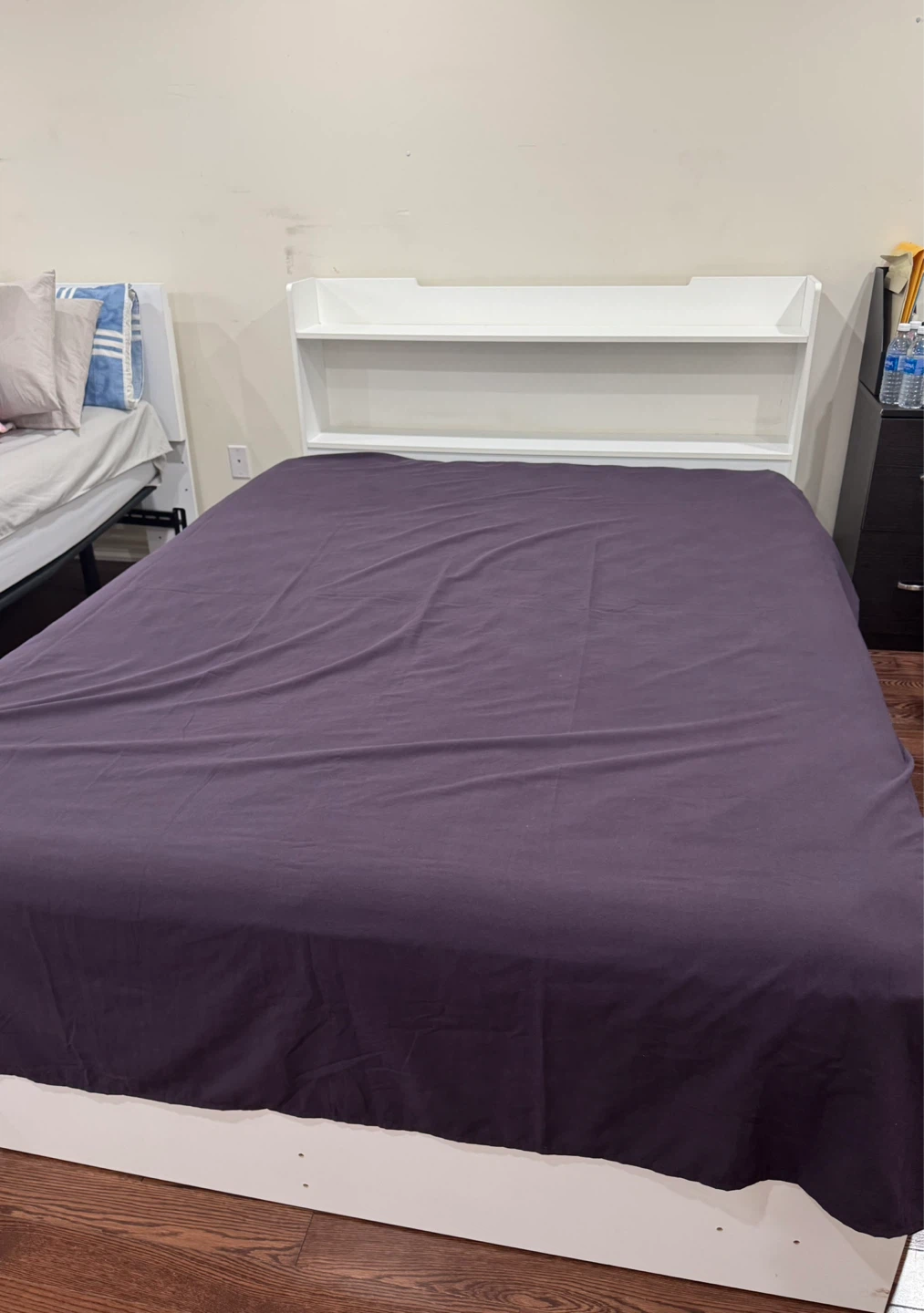 White Queen Bed Frame with Shelf Headboard