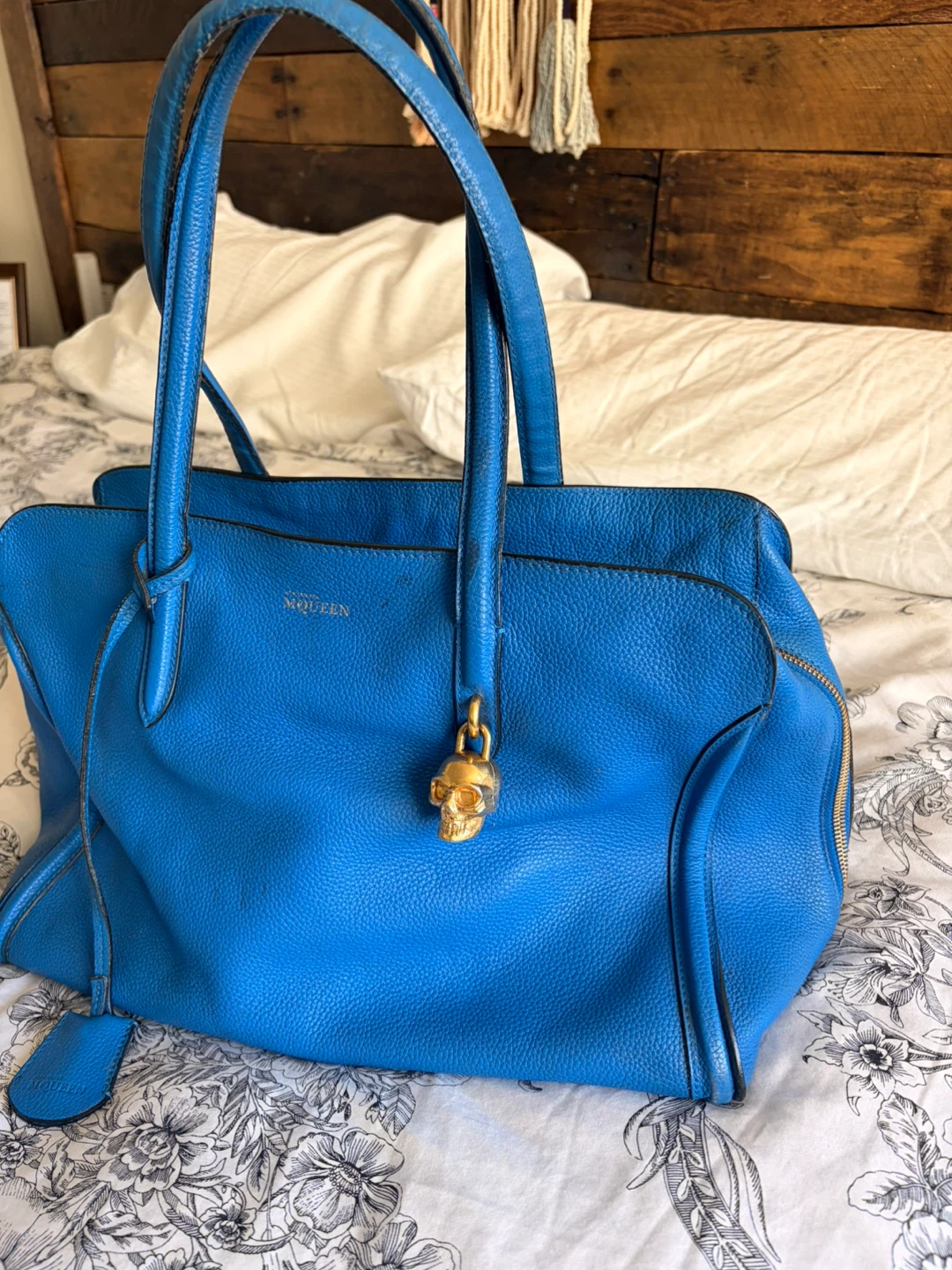 Alexander McQueen Blue Leather Tote Bag with Skull Charm