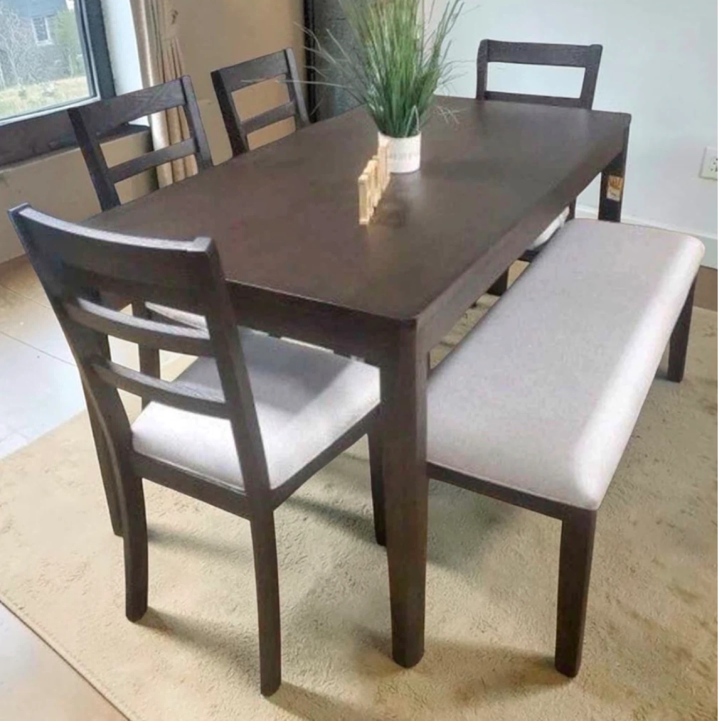 New Dark Wood Dining Set With Bench and 4 Chairs