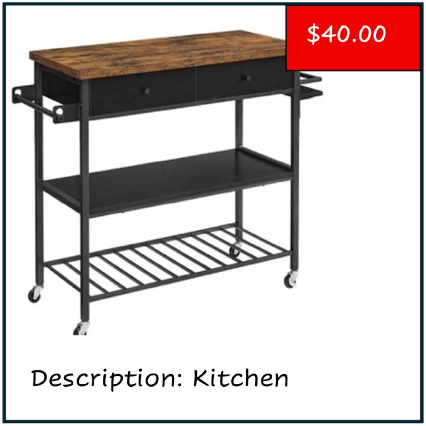 Rustic Brown and Black Kitchen Cart with Drawers and Wheels