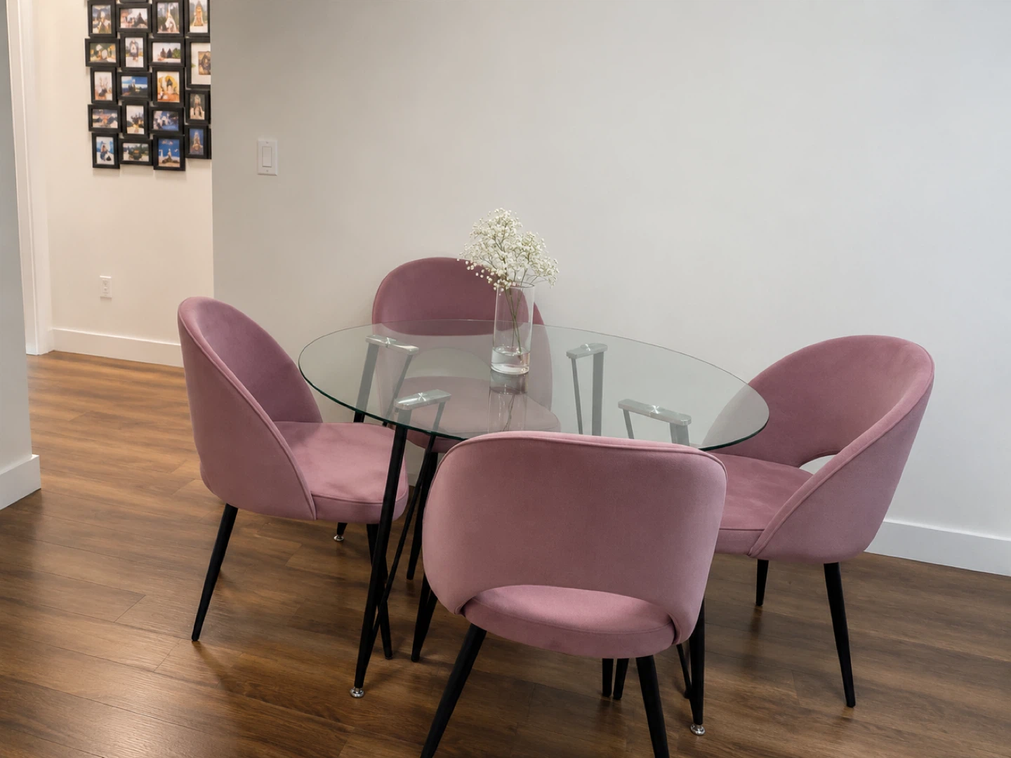 Glass Top Dining Table with 2 Pink Velvet Chairs - photo 2